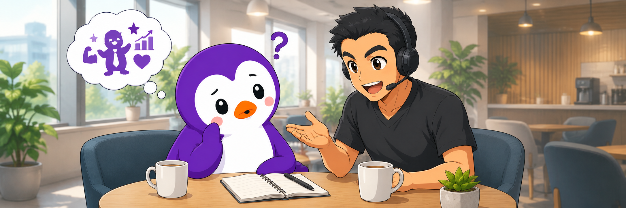 コーチとペンギンが強みについて楽しく話しているイラスト
